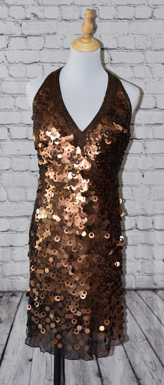 Sue Wong Nocturne Copper Rings Silk Sequin Cocktail Party Dress Size 12 NWT